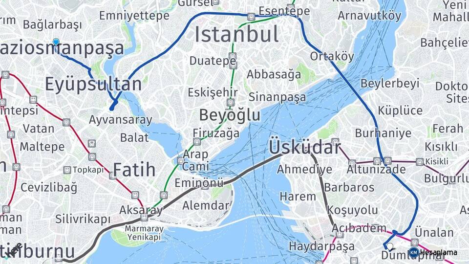 İstanbul Gaziosmanpaşa Fikirtepe Kadıköy Arası Kaç Km - Yol Haritası