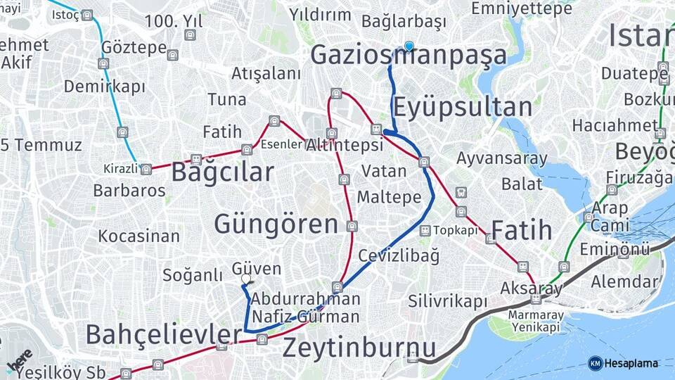 İstanbul Gaziosmanpaşa Haznedar Güngören Arası Kaç Km - Yol Haritası
