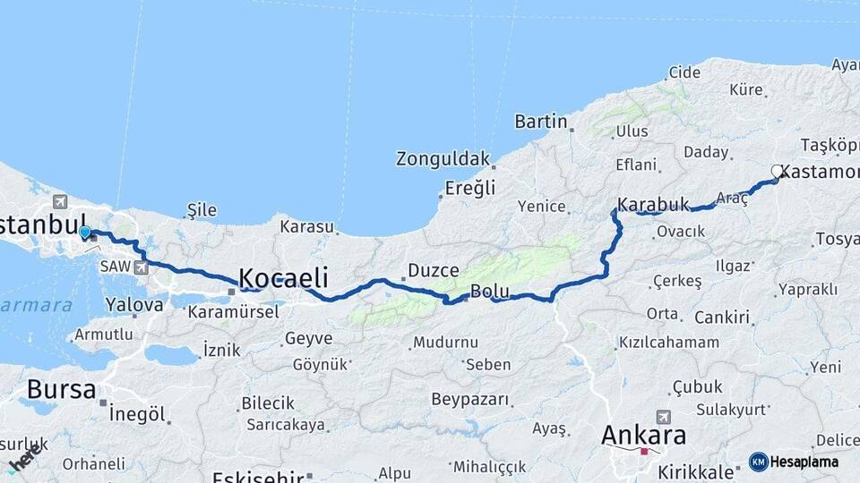 İstanbul Gaziosmanpaşa Kastamonu Arası Kaç Km - Yol Haritası