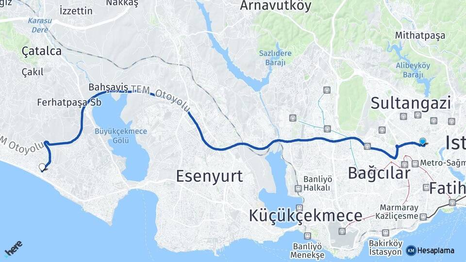 İstanbul Gaziosmanpaşa Kumburgaz Büyükçekmece Arası Kaç Km - Yol Haritası