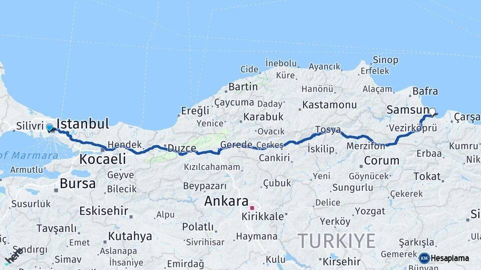 İstanbul Gaziosmanpaşa Samsun Arası Kaç Km - Yol Haritası