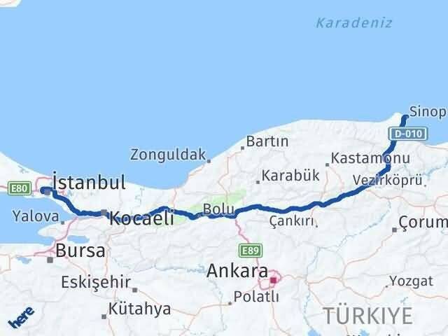 İstanbul Gaziosmanpaşa Sinop Arası Kaç Km - Yol Haritası