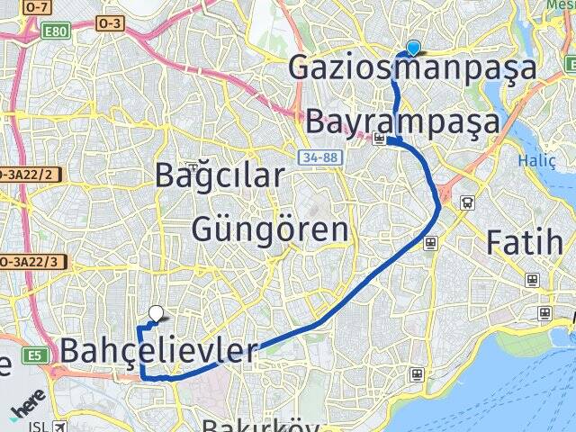 İstanbul Gaziosmanpaşa Şirinevler Bahçelievler Arası Kaç Km - Yol Haritası