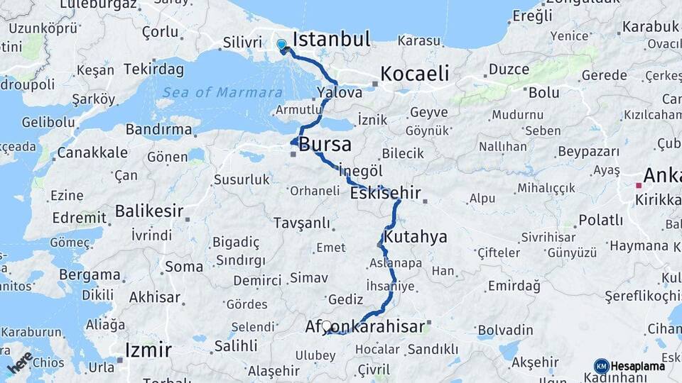 İstanbul Gaziosmanpaşa Uşak Arası Kaç Km - Yol Haritası