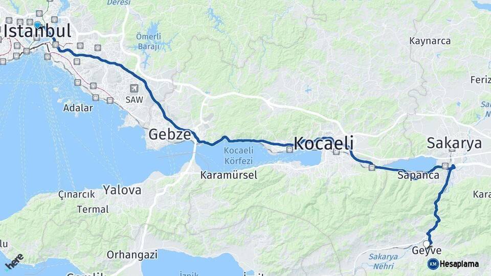 İstanbul Geyve Sakarya Arası Kaç Km - Yol Haritası