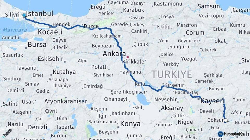İstanbul Göksun Kahramanmaraş Arası Kaç Km - Yol Haritası