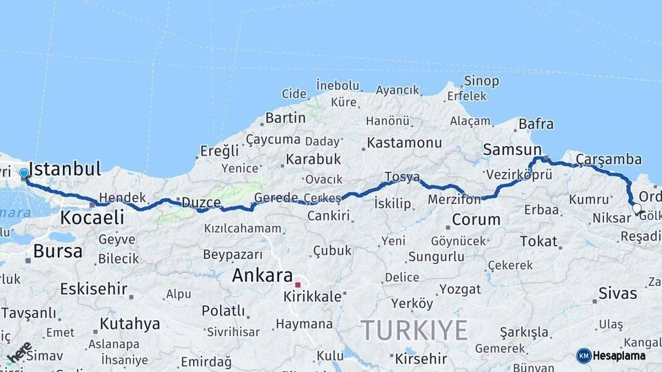 İstanbul Gölköy Ordu Arası Kaç Km - Yol Haritası