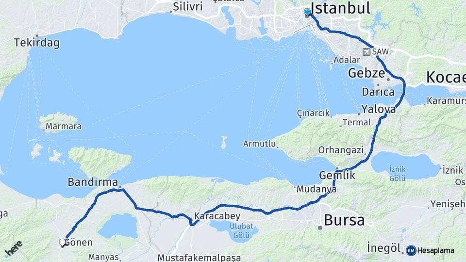 İstanbul Gönen Balıkesir Arası Kaç Km - Yol Haritası