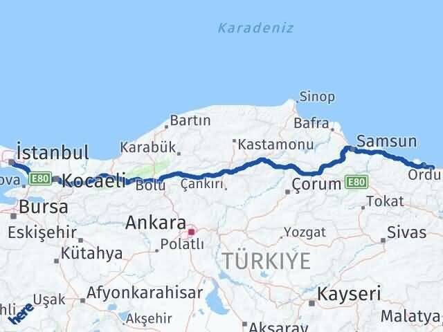 İstanbul Gülyalı Ordu Arası Kaç Km - Yol Haritası