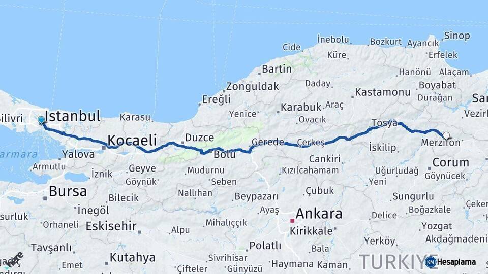 İstanbul Gümüşhacıköy Amasya Arası Kaç Km - Yol Haritası