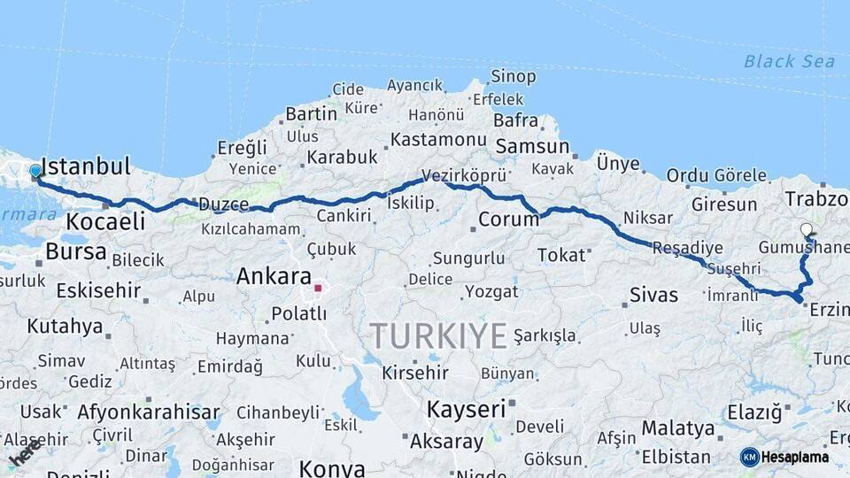 İstanbul Gümüşhane Arası Kaç Km - Yol Haritası