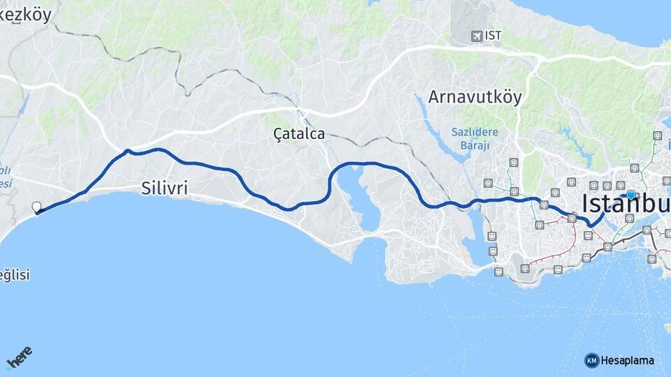 İstanbul Gümüşyaka Silivri Arası Kaç Km - Yol Haritası