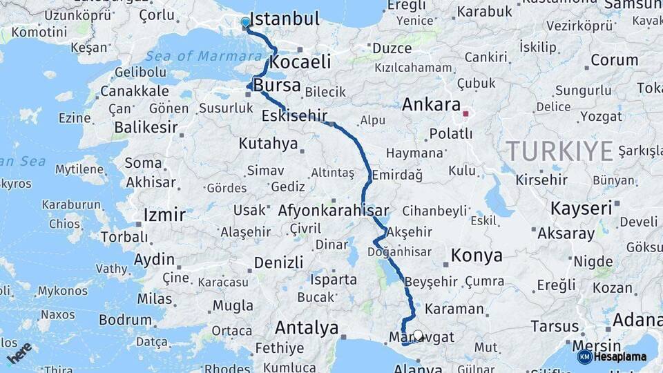 İstanbul Gündoğmuş Antalya Arası Kaç Km - Yol Haritası