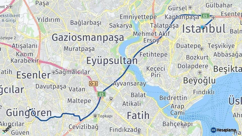 İstanbul Güngören Arası Kaç Km - Yol Haritası