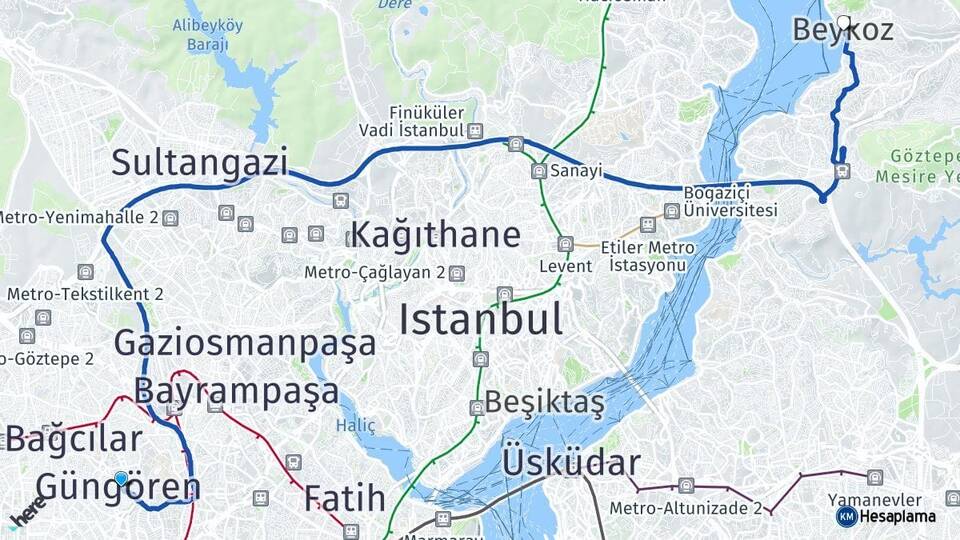 İstanbul Güngören Beykoz Arası Kaç Km - Yol Haritası