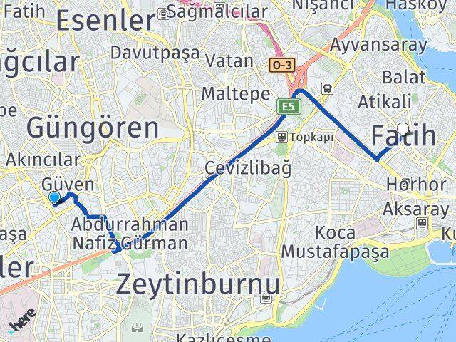 İstanbul Güngören Haznedar Fatih Arası Kaç Km - Yol Haritası