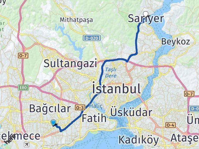 İstanbul Güngören Haznedar Sarıyer Arası Kaç Km - Yol Haritası