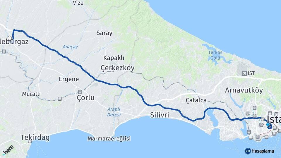 İstanbul Güngören Lüleburgaz Kırklareli Arası Kaç Km - Yol Haritası