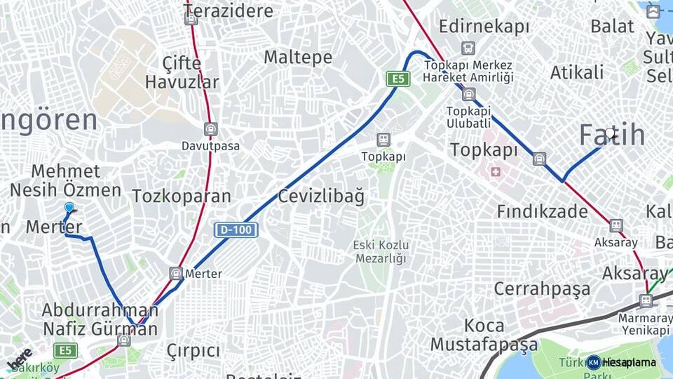 İstanbul Güngören Merter Fatih Arası Kaç Km - Yol Haritası