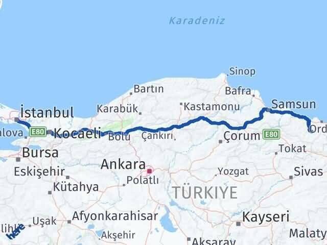 İstanbul Gürgentepe Ordu Arası Kaç Km - Yol Haritası