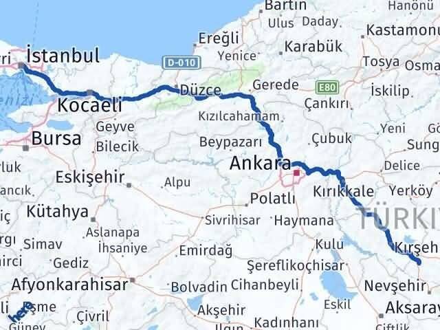 İstanbul Hacıbektaş Nevşehir Arası Kaç Km - Yol Haritası