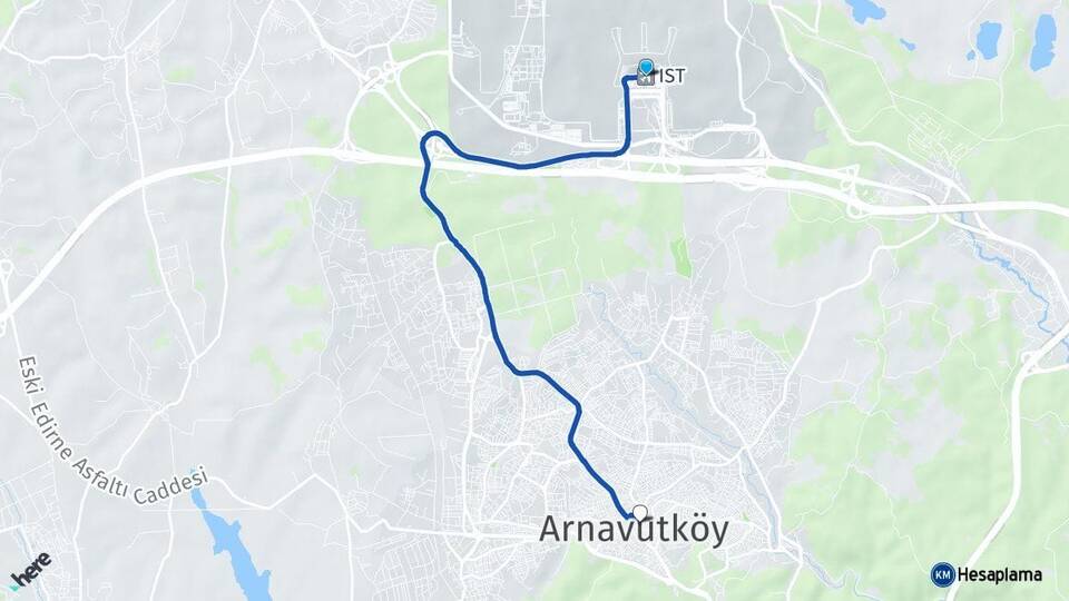 İstanbul Havalimanı Arnavutköy İstanbul Arası Kaç Km - Yol Haritası