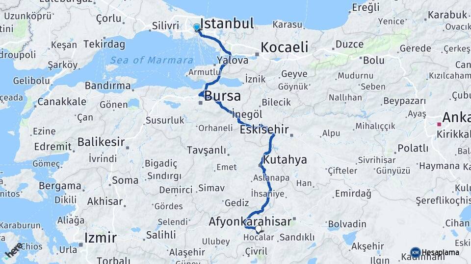 İstanbul Hocalar Afyonkarahisar Arası Kaç Km - Yol Haritası