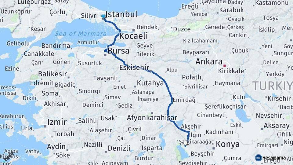 İstanbul Hüyük Konya Arası Kaç Km - Yol Haritası