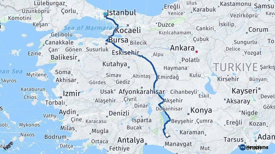 İstanbul İbradı Antalya Arası Kaç Km - Yol Haritası