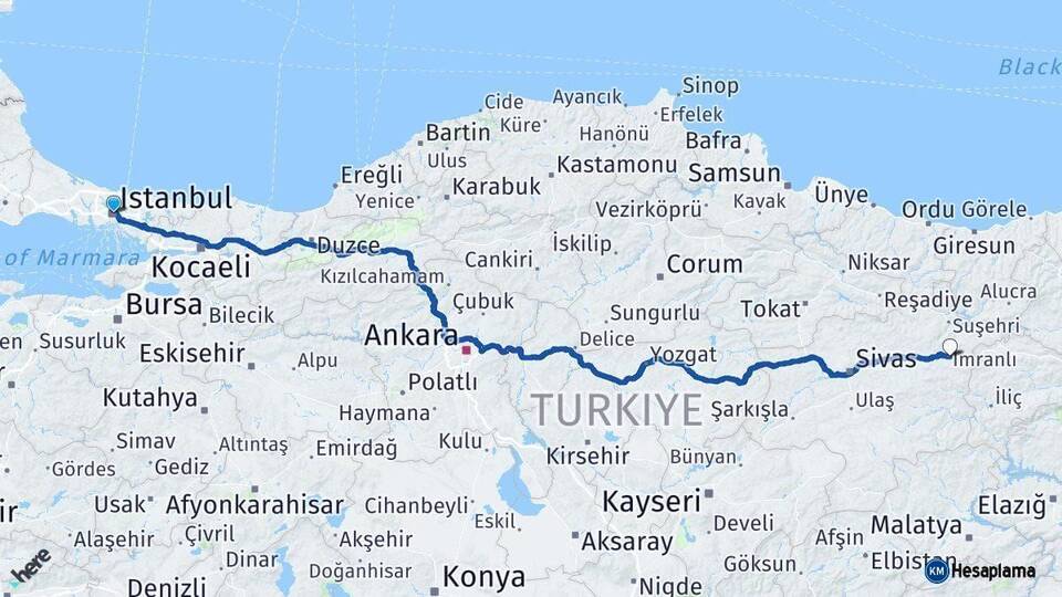 İstanbul İmranlı Sivas Arası Kaç Km - Yol Haritası