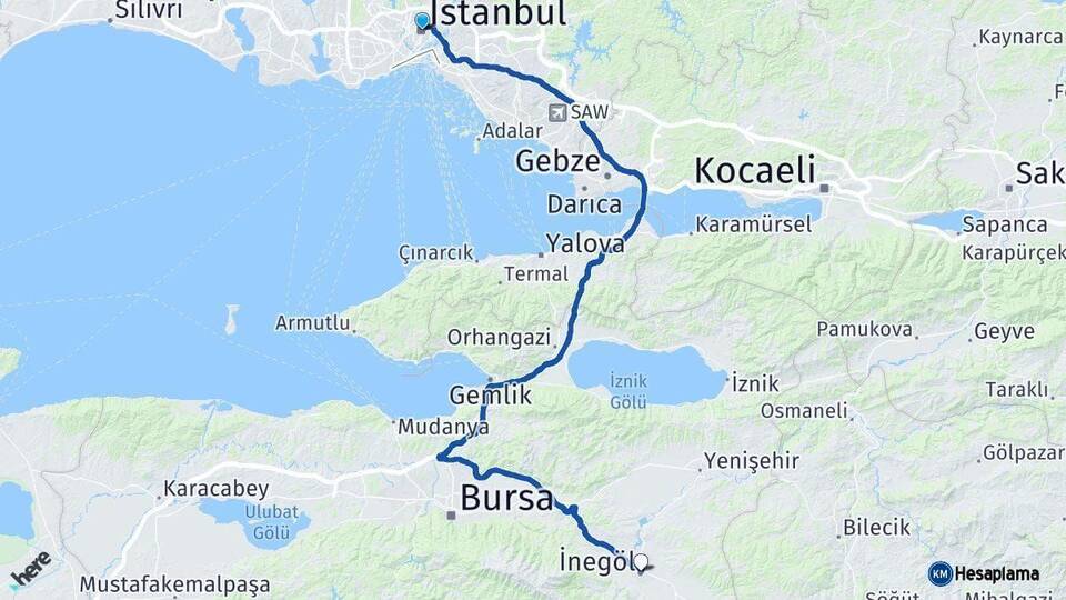 İstanbul İnegöl Bursa Arası Kaç Km - Yol Haritası