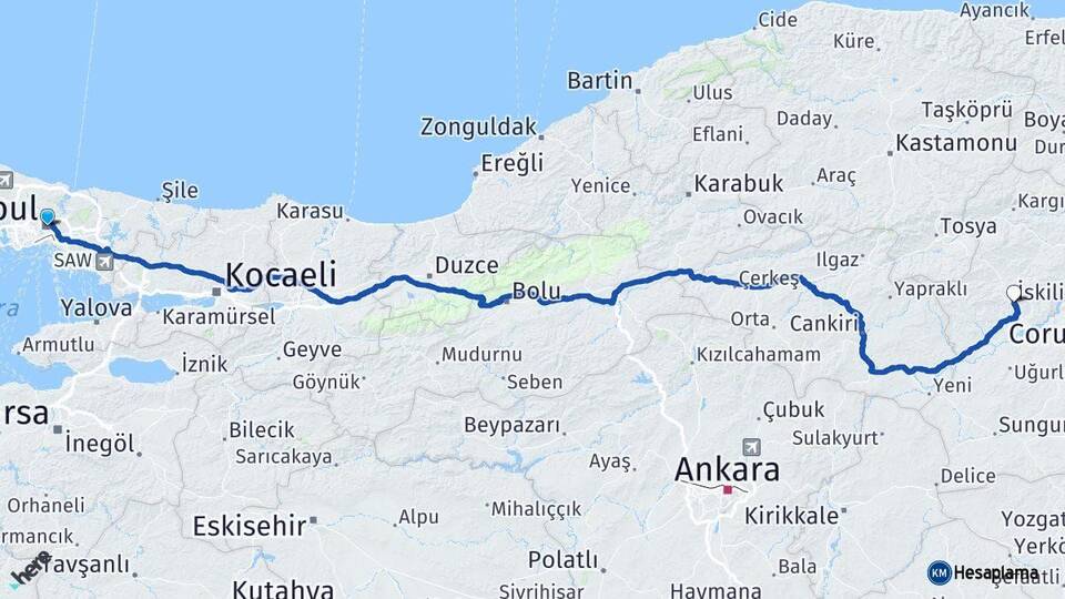 İstanbul İskilip Çorum Arası Kaç Km - Yol Haritası