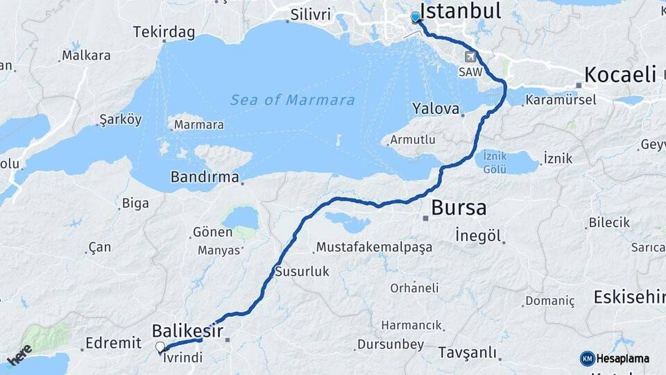 İstanbul İvrindi Balıkesir Arası Kaç Km - Yol Haritası