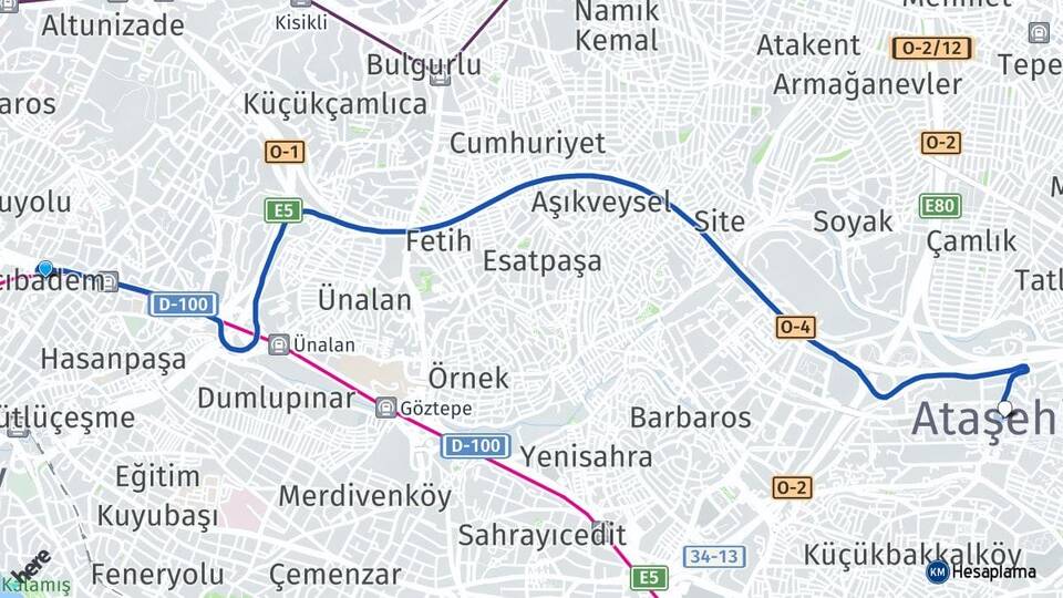 İstanbul Kadıköy Acıbadem Ataşehir Arası Kaç Km - Yol Haritası