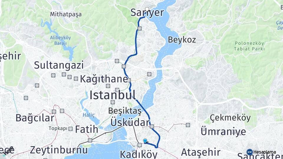 İstanbul Kadıköy Acıbadem Sarıyer Arası Kaç Km - Yol Haritası