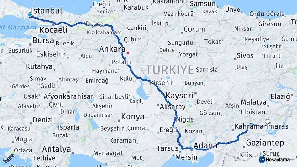 İstanbul Kadıköy Adıyaman Arası Kaç Km - Yol Haritası