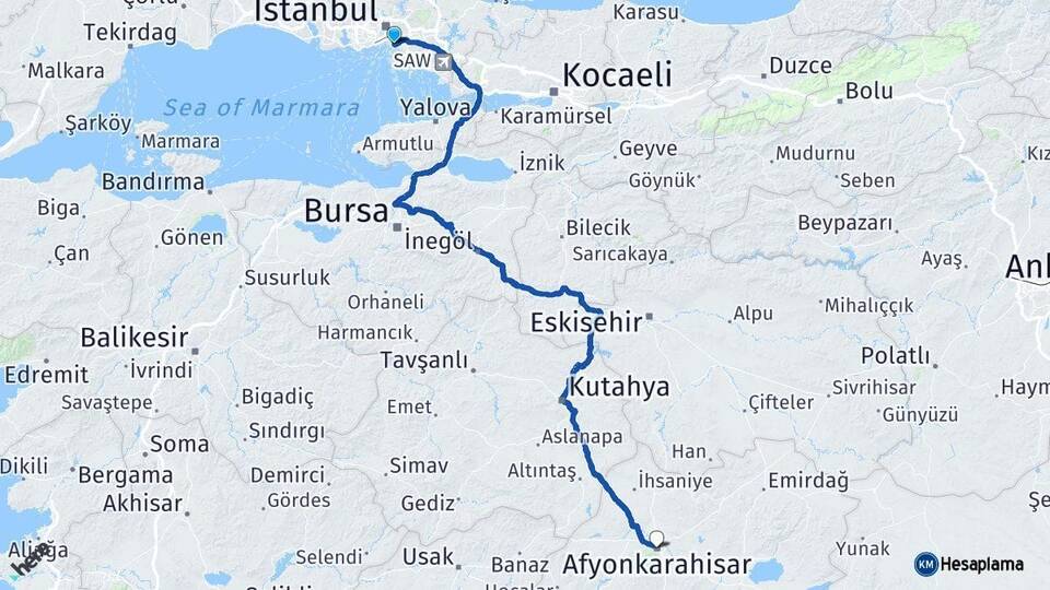 İstanbul Kadıköy Afyonkarahisar Arası Kaç Km - Yol Haritası