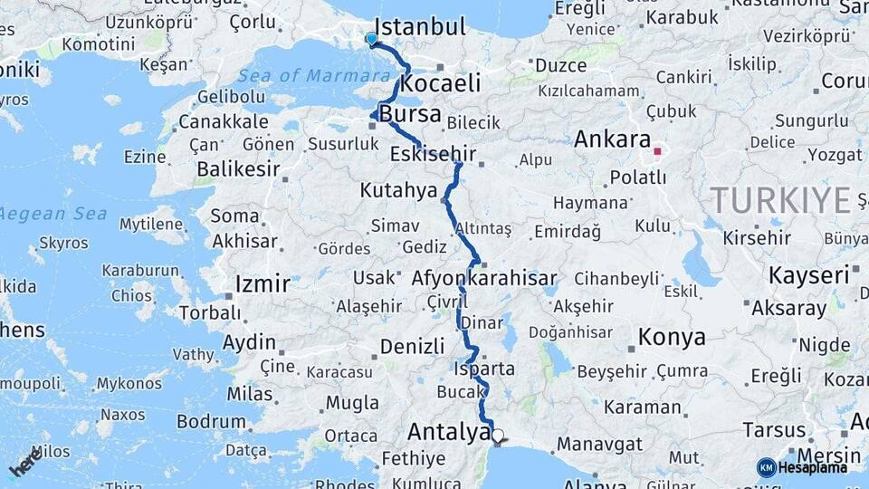 İstanbul Kadıköy Antalya Arası Kaç Km - Yol Haritası