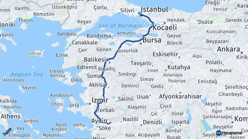 İstanbul Kadıköy Aydın Arası Kaç Km - Yol Haritası
