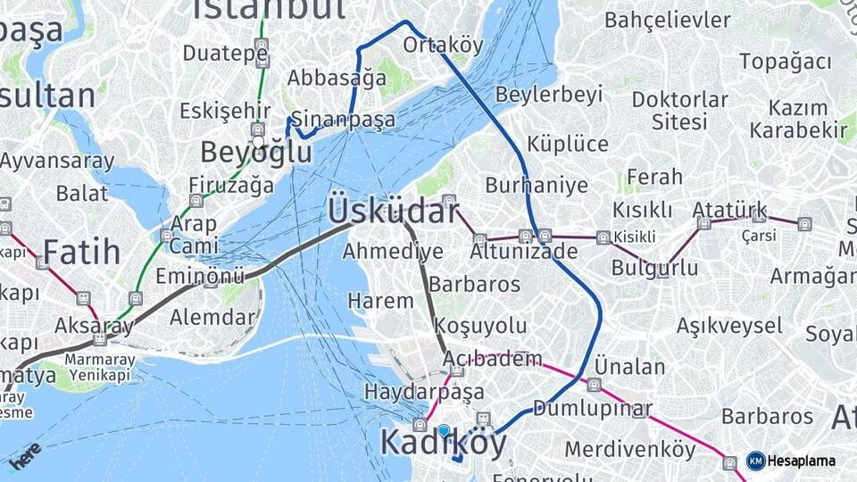 İstanbul Kadıköy Beyoğlu Arası Kaç Km - Yol Haritası