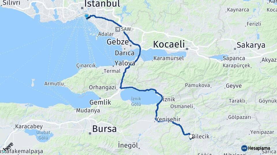 İstanbul Kadıköy Bilecik Arası Kaç Km - Yol Haritası