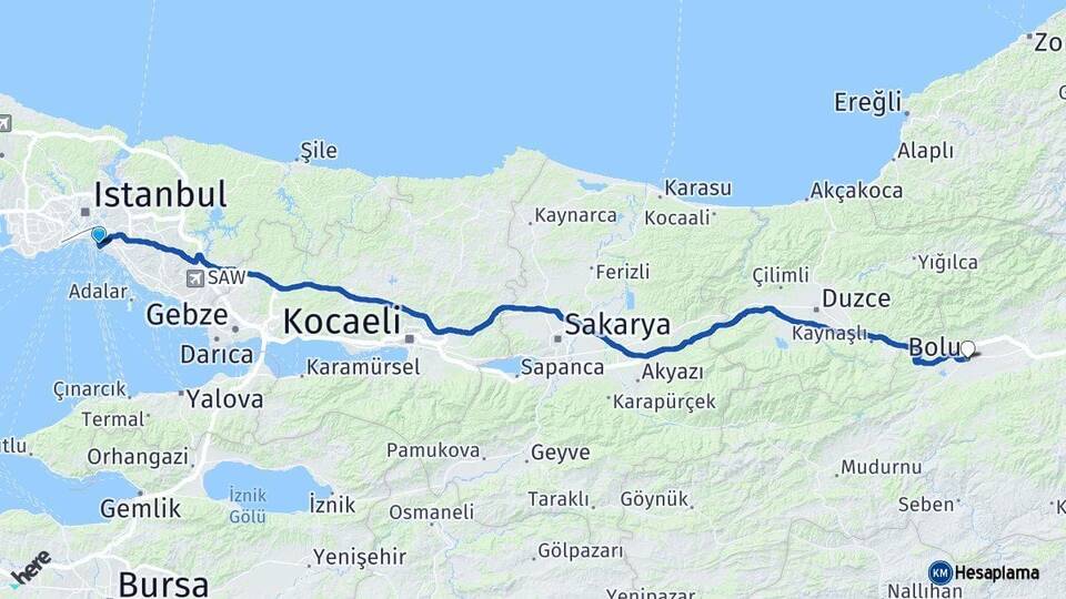 İstanbul Kadıköy Bolu Arası Kaç Km - Yol Haritası