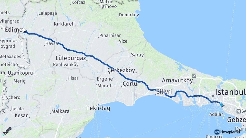 İstanbul Kadıköy Bostancı Edirne Arası Kaç Km - Yol Haritası