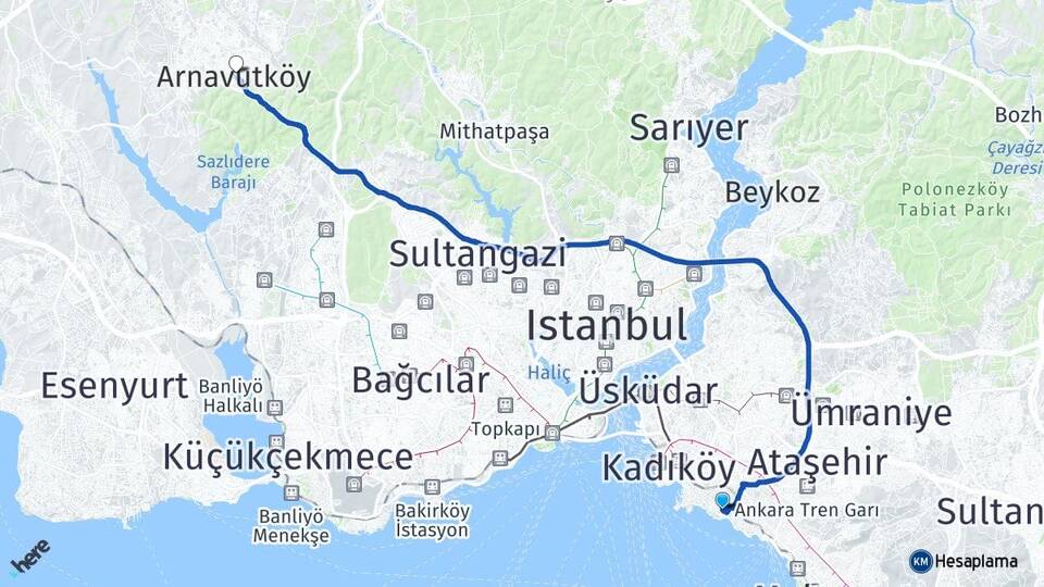 İstanbul Kadıköy Caddebostan Arnavutköy Arası Kaç Km - Yol Haritası