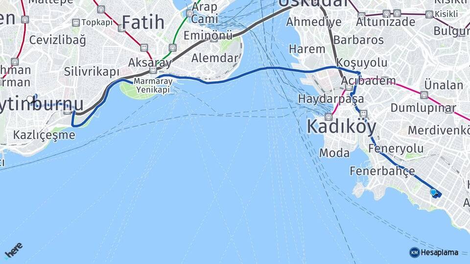 İstanbul Kadıköy Caddebostan Zeytinburnu Arası Kaç Km - Yol Haritası