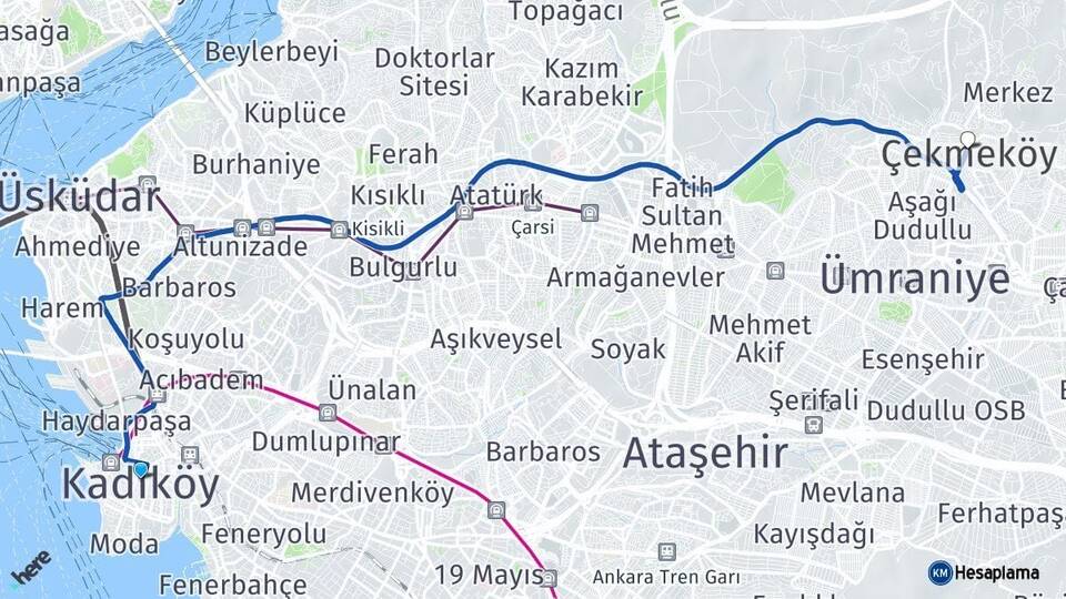 İstanbul Kadıköy Çekmeköy Arası Kaç Km - Yol Haritası