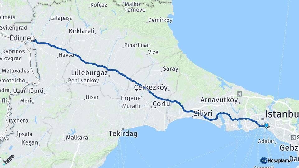 İstanbul Kadıköy Edirne Arası Kaç Km - Yol Haritası
