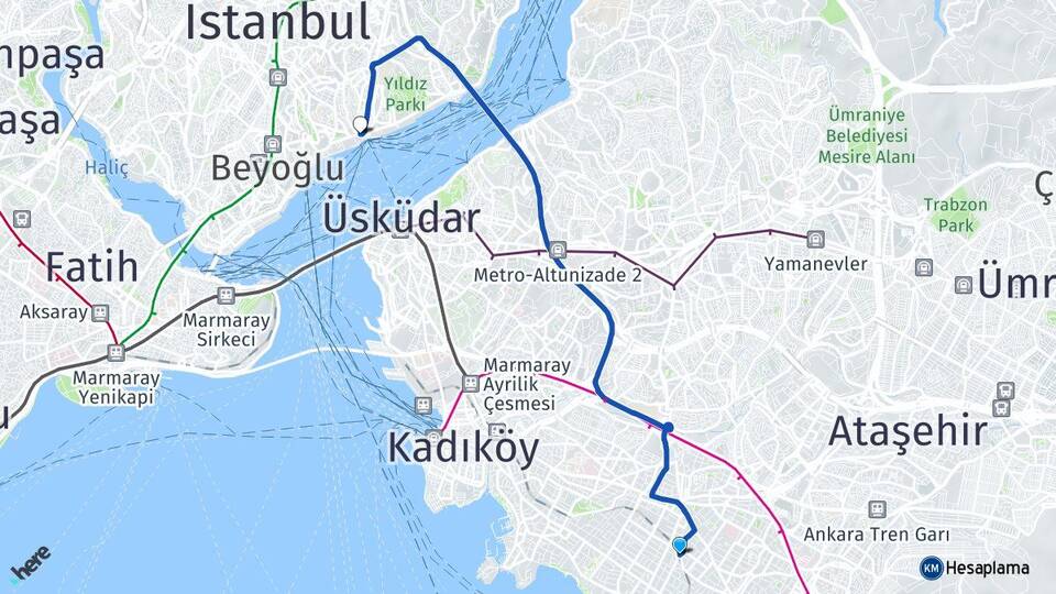 İstanbul Kadıköy Erenköy Beşiktaş Arası Kaç Km - Yol Haritası