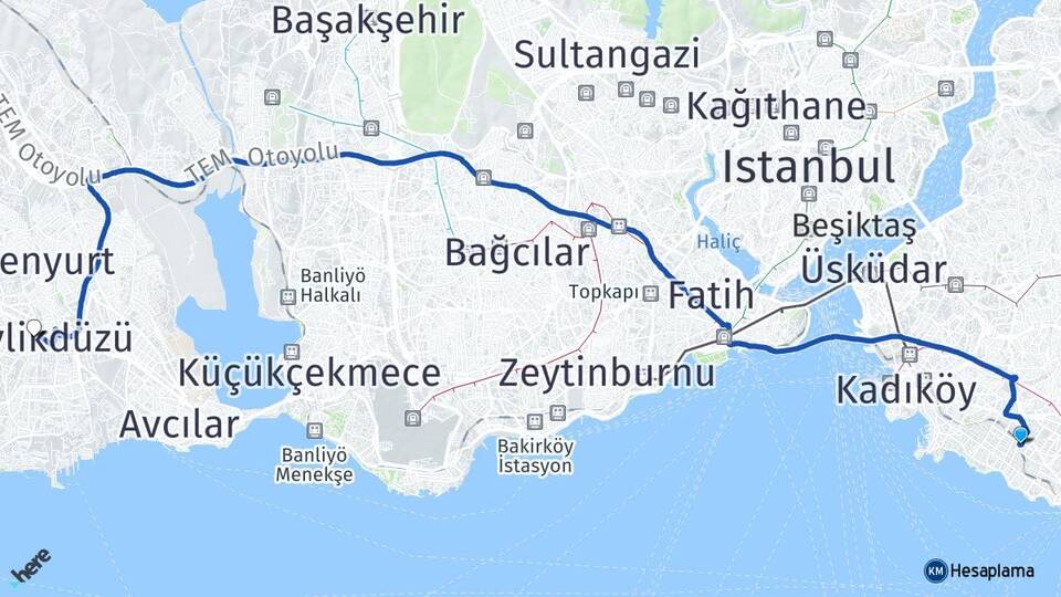 İstanbul Kadıköy Erenköy Beylikdüzü Arası Kaç Km - Yol Haritası