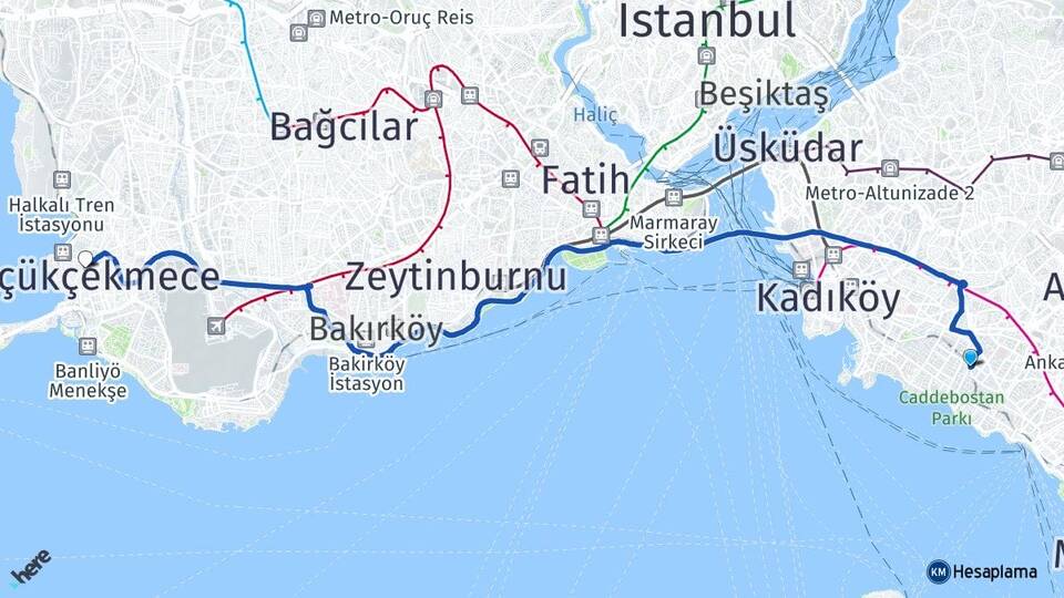 İstanbul Kadıköy Erenköy Küçükçekmece Arası Kaç Km - Yol Haritası